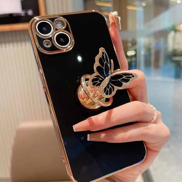 iPhone 15/14/13/12 Case , 3d Rhinestone Butterfly, Liquid Silicone Stand - Picture 5 of 5